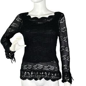 Y2K JOSEPH A. Womens Sweater Open Knit Crochet Bell Slv Black Whimsigoth Size S